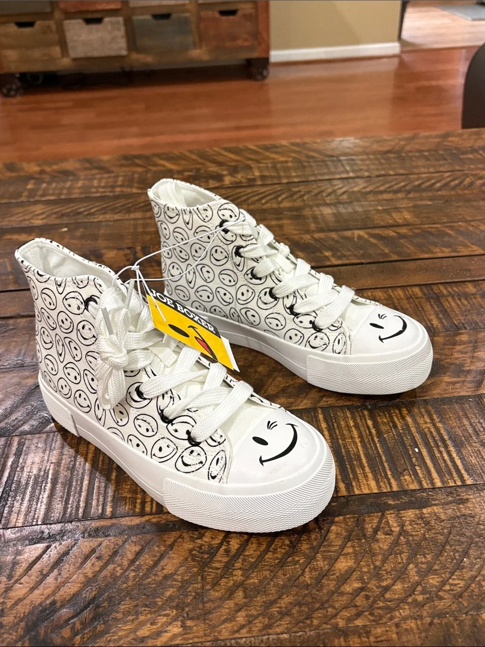Joe Boxer White Canvas High-Top Sneakers with Black Smiley Pattern